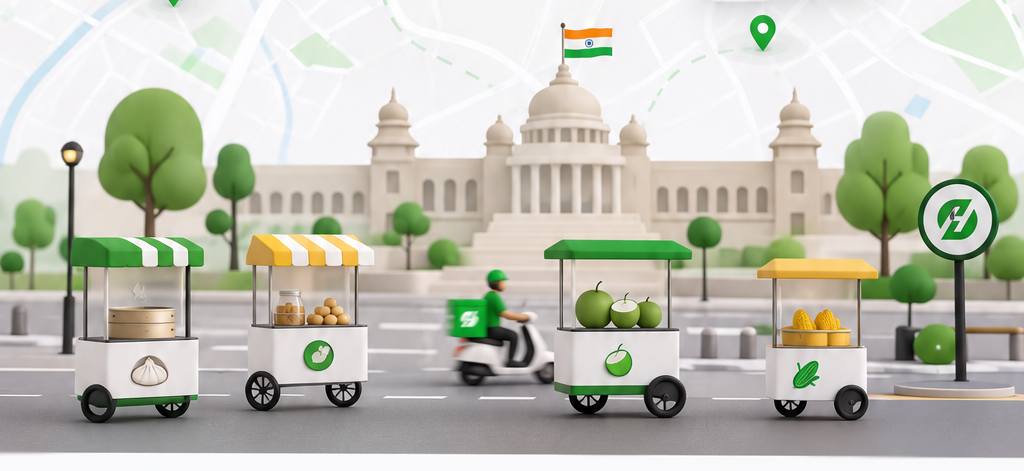 Hawky vendor carts and a delivery rider in front of Vidhana Soudha, Bengaluru