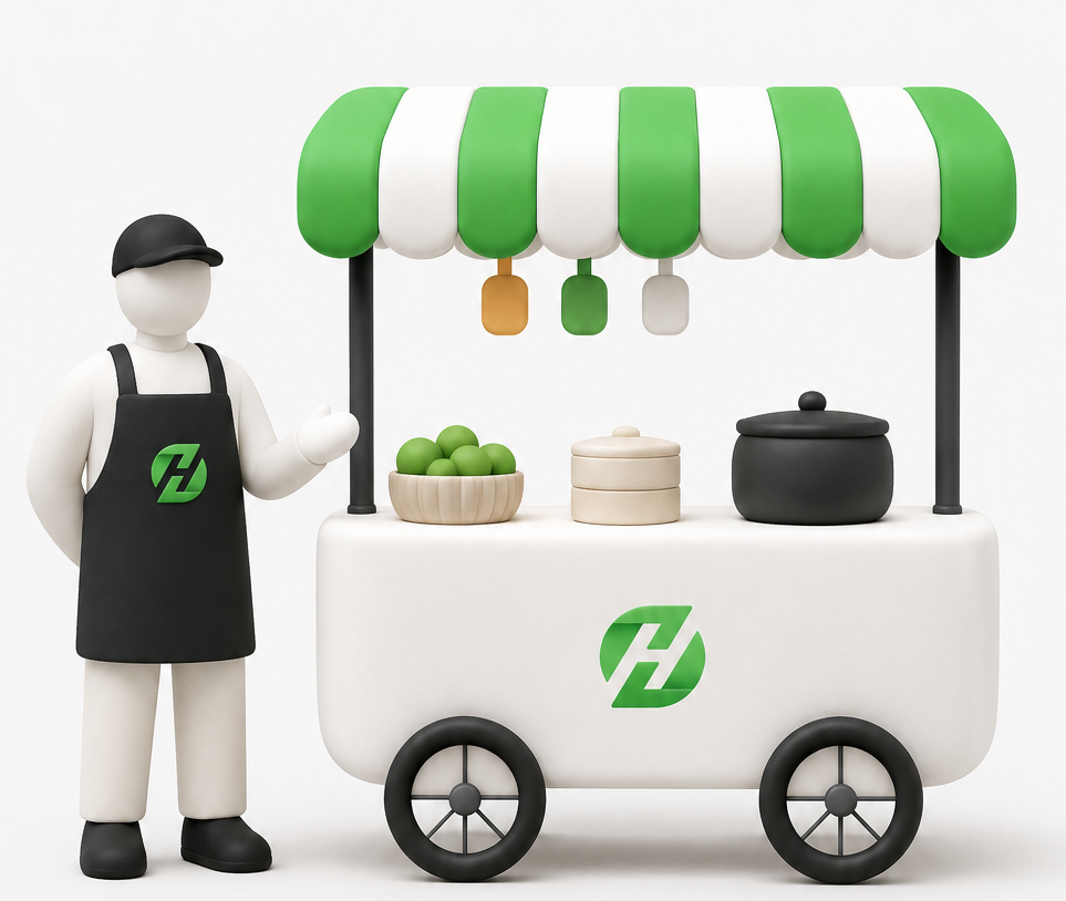 Hawky mascot vendor beside a stocked green-and-white Hawky cart