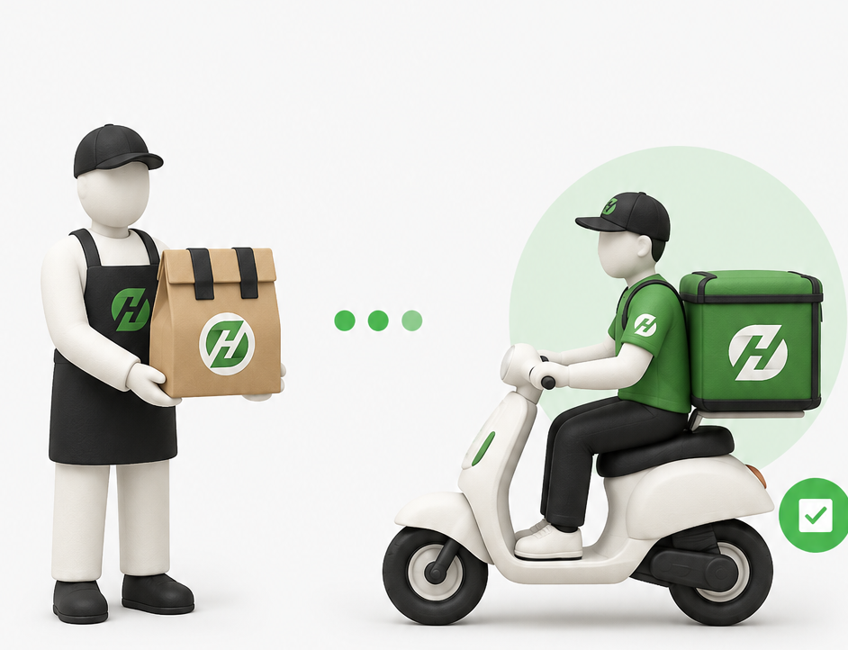 Hawky vendor handing a sealed package to a Hawky delivery rider