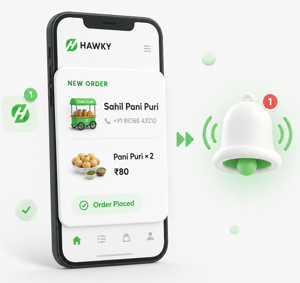 Hawky app showing a new Pani Puri order while the vendor's notification bell rings