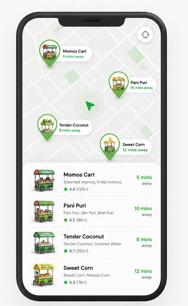 Hawky app map showing nearby vendor carts with travel times