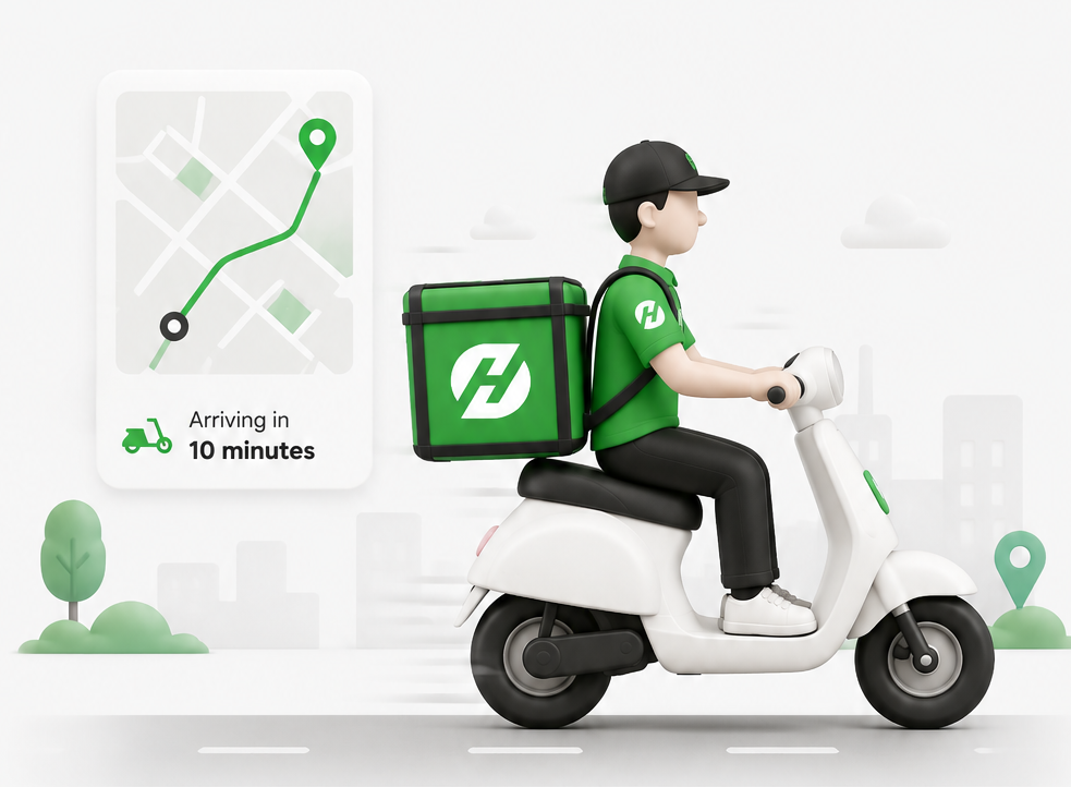 Hawky delivery rider on a scooter, arriving in 10 minutes